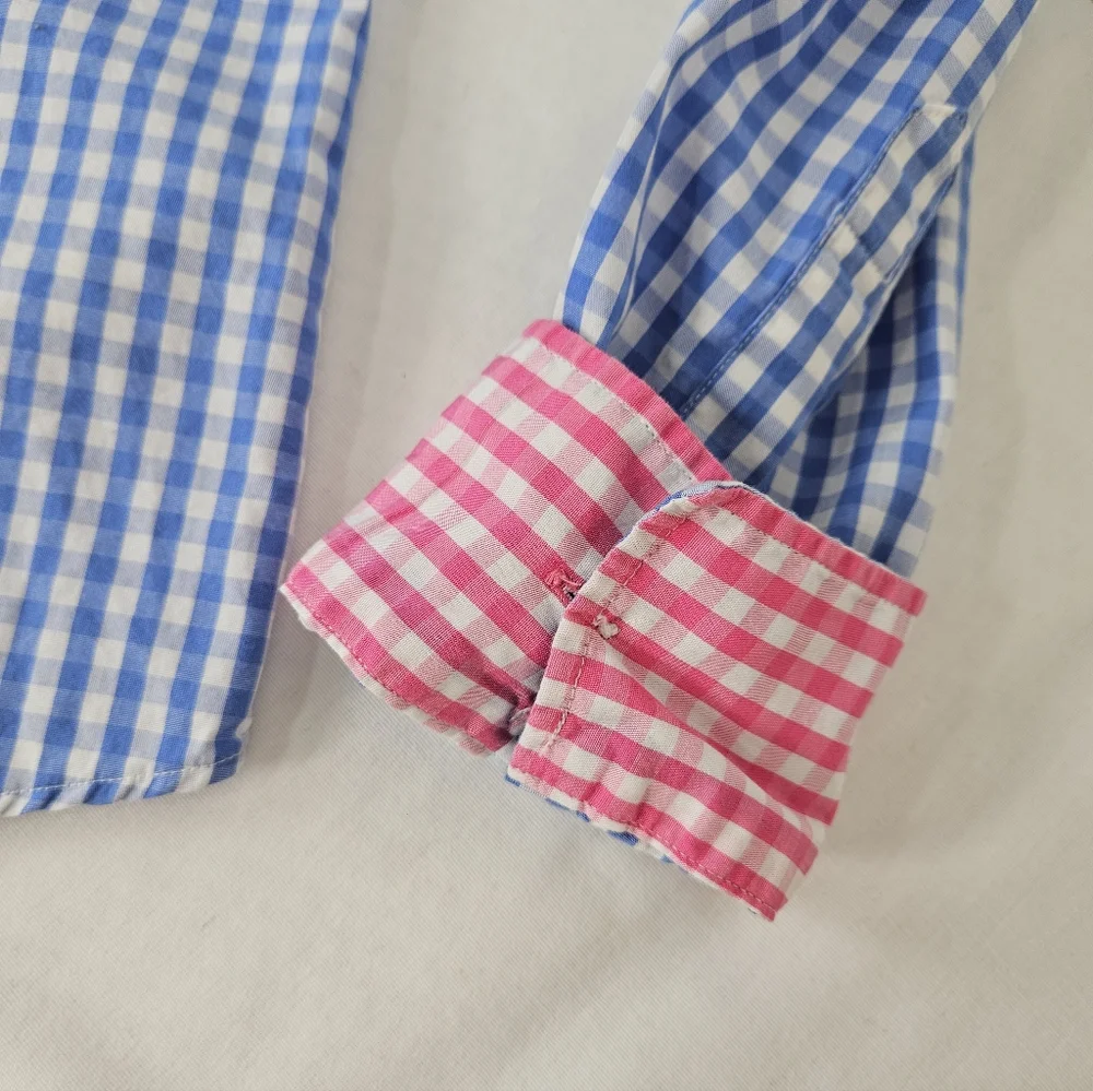 Brooks Brothers Blue Gingham Button Down Shirt Pink Contrast Trim Size 2